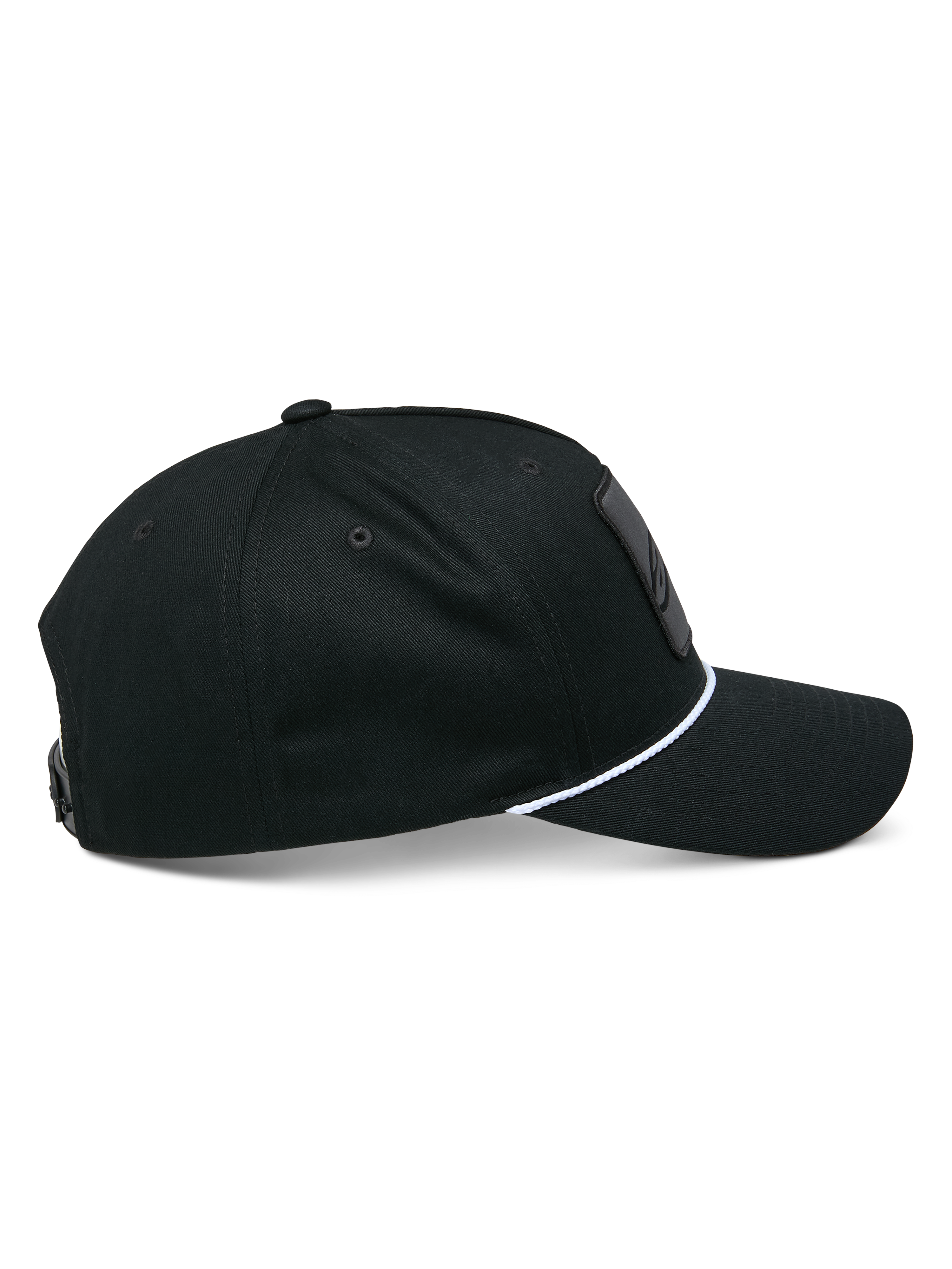 Alpinestars Specific Snapback Hat, Black, side profile view showing curved bill with white braided rope trim, structured crown, casual motorsport headwear
