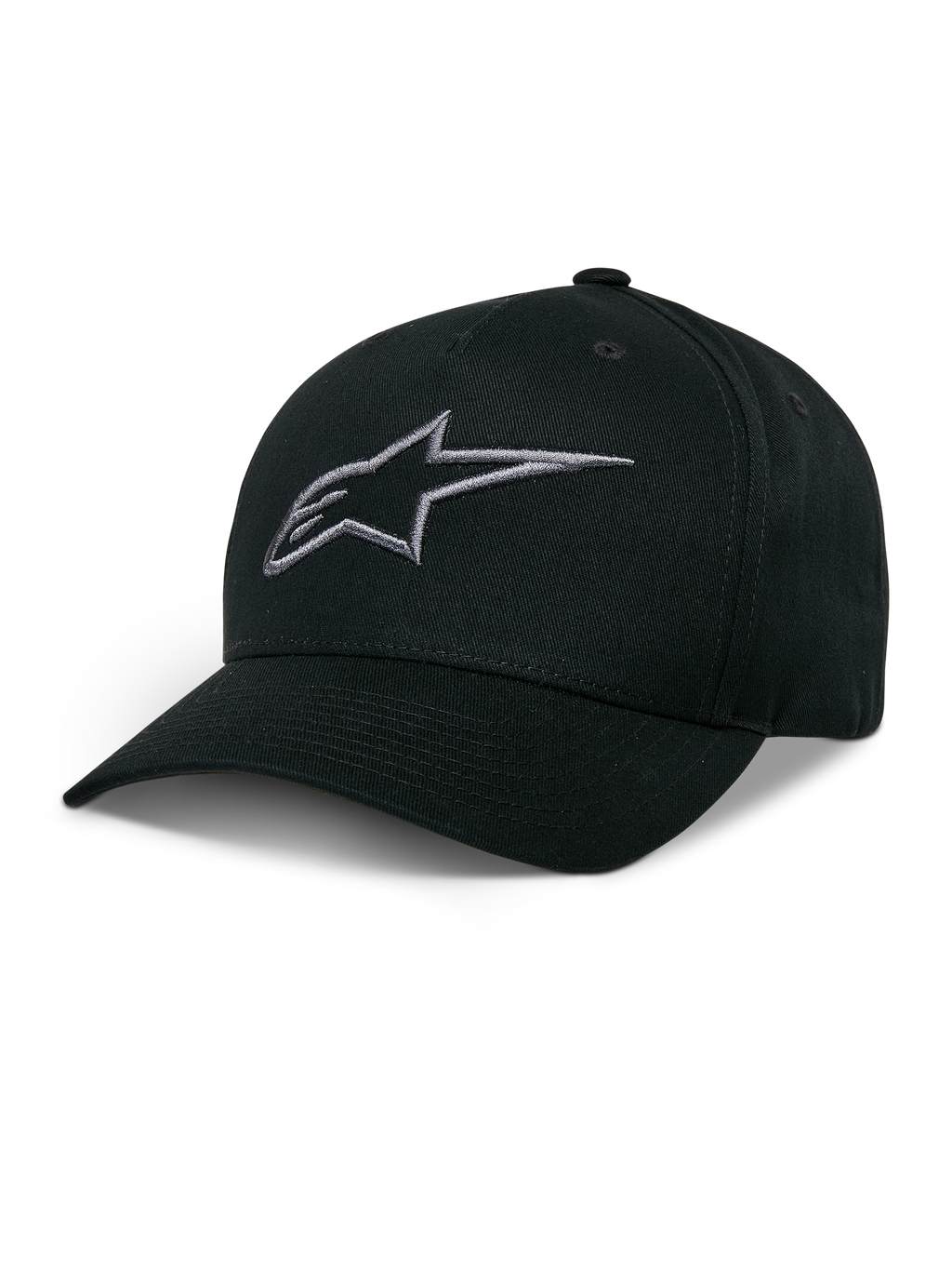 Alpinestars Ageless Snapback Kappe, schwarze Baseball-Kappe mit anthrazitfarbenem besticktem Stern-Logo, gebogener Schirm, strukturierte Krone, lässige Motorsport-Kopfbedeckung