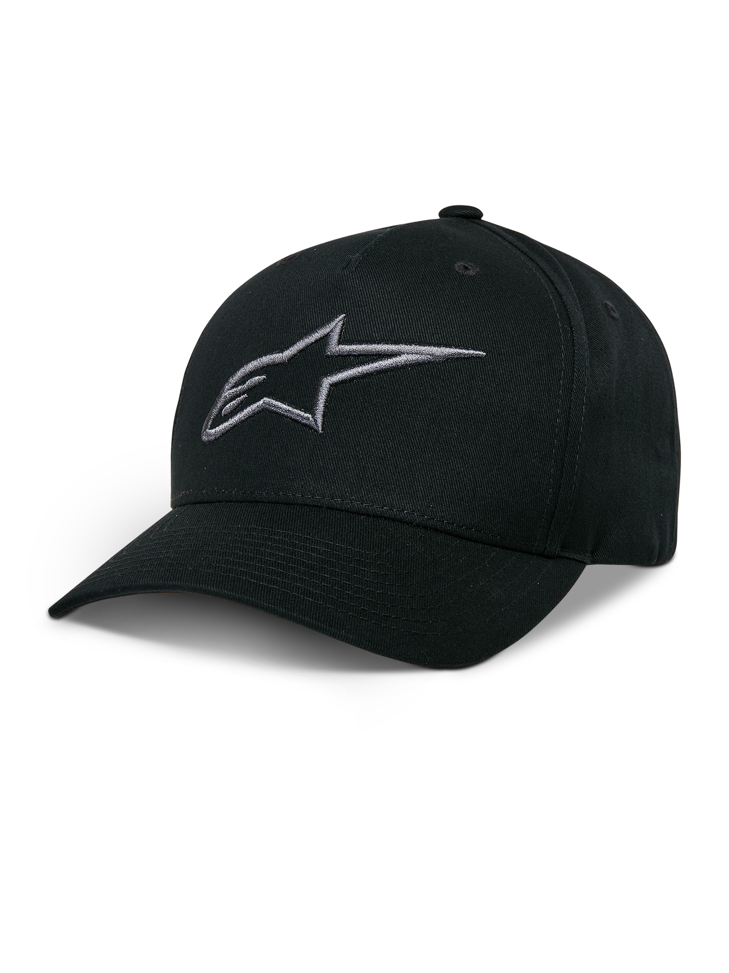 Alpinestars Ageless Snapback Kappe, schwarze Baseball-Kappe mit anthrazitfarbenem besticktem Stern-Logo, gebogener Schirm, strukturierte Krone, lässige Motorsport-Kopfbedeckung