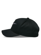 Alpinestars Ageless Snapback Kappe, Seitenprofil, Schwarz Charcoal, gebogener Schirm mit strukturierter Krone, 3D-gesticktes Logo auf der Vorderseite, Hauptmaterial Baumwolltwill, lässige Motorsport-Kopfbedeckung