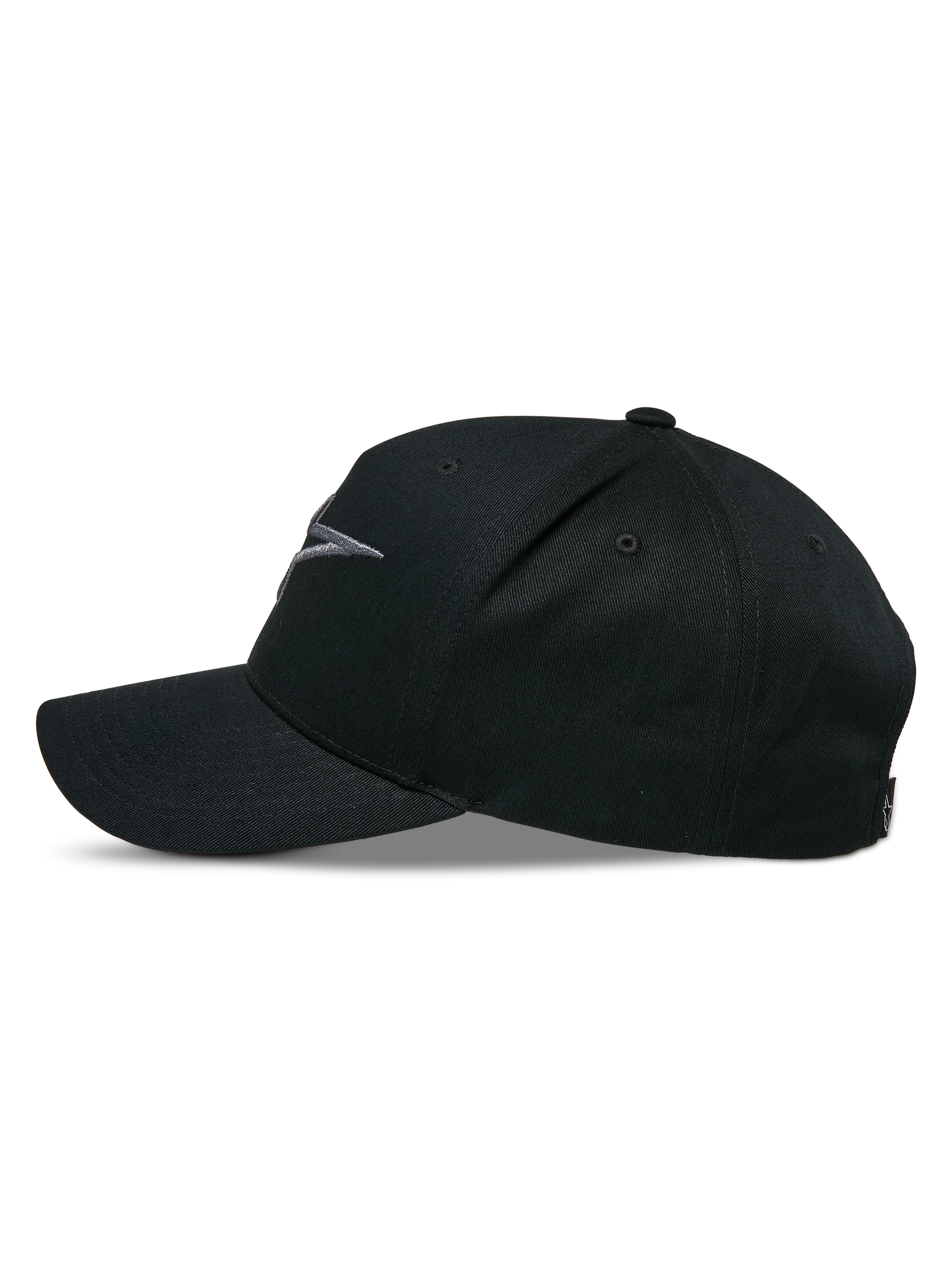 Alpinestars Ageless Snapback Kappe, Seitenprofil, Schwarz Charcoal, gebogener Schirm mit strukturierter Krone, 3D-gesticktes Logo auf der Vorderseite, Hauptmaterial Baumwolltwill, lässige Motorsport-Kopfbedeckung