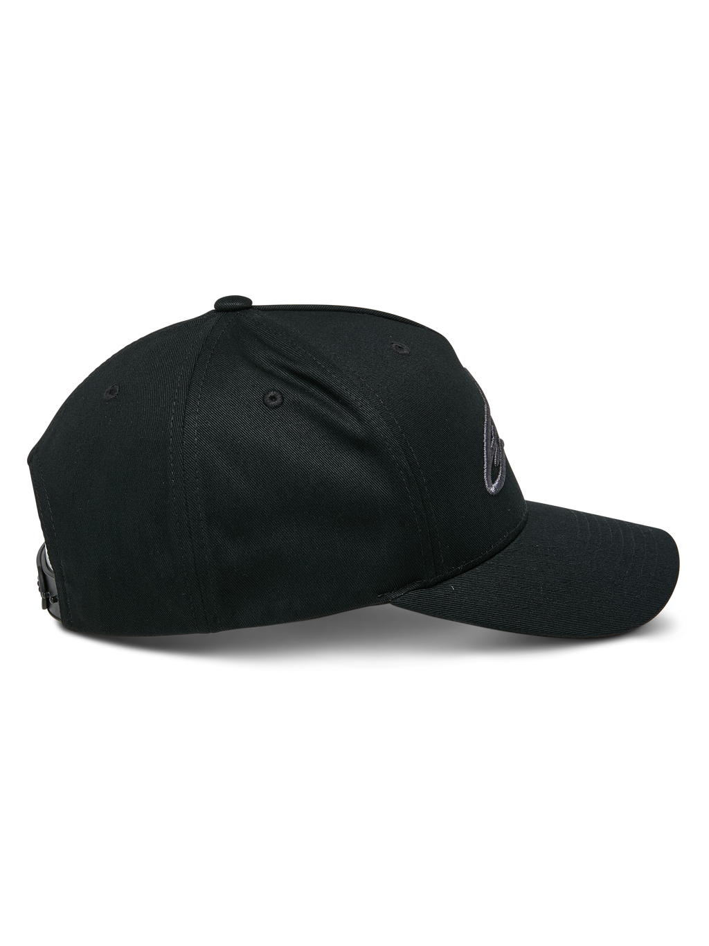Alpinestars Ageless Snapback Kappe, Black Charcoal, Seitenansicht, strukturierte Krone mit gebogenem Schirm, verstellbarer Snapback-Verschluss, lässige vom Motorsport inspirierte Kopfbedeckung