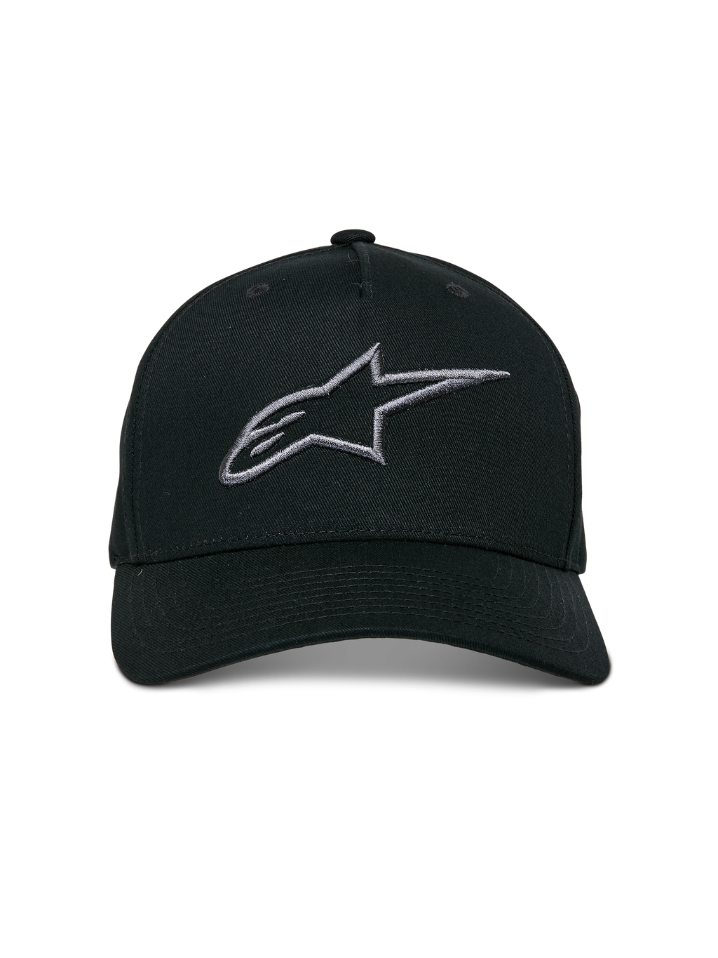 Alpinestars Ageless Snapback Kappe, Schwarz Anthrazit, gebogener Schirm, strukturierte Krone, 3D-besticktes Linear-Logo, lässige, vom Motorsport inspirierte Kopfbedeckung