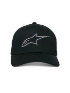 Alpinestars Ageless Snapback Kappe, Schwarz Anthrazit, gebogener Schirm, strukturierte Krone, 3D-besticktes Linear-Logo, lässige, vom Motorsport inspirierte Kopfbedeckung