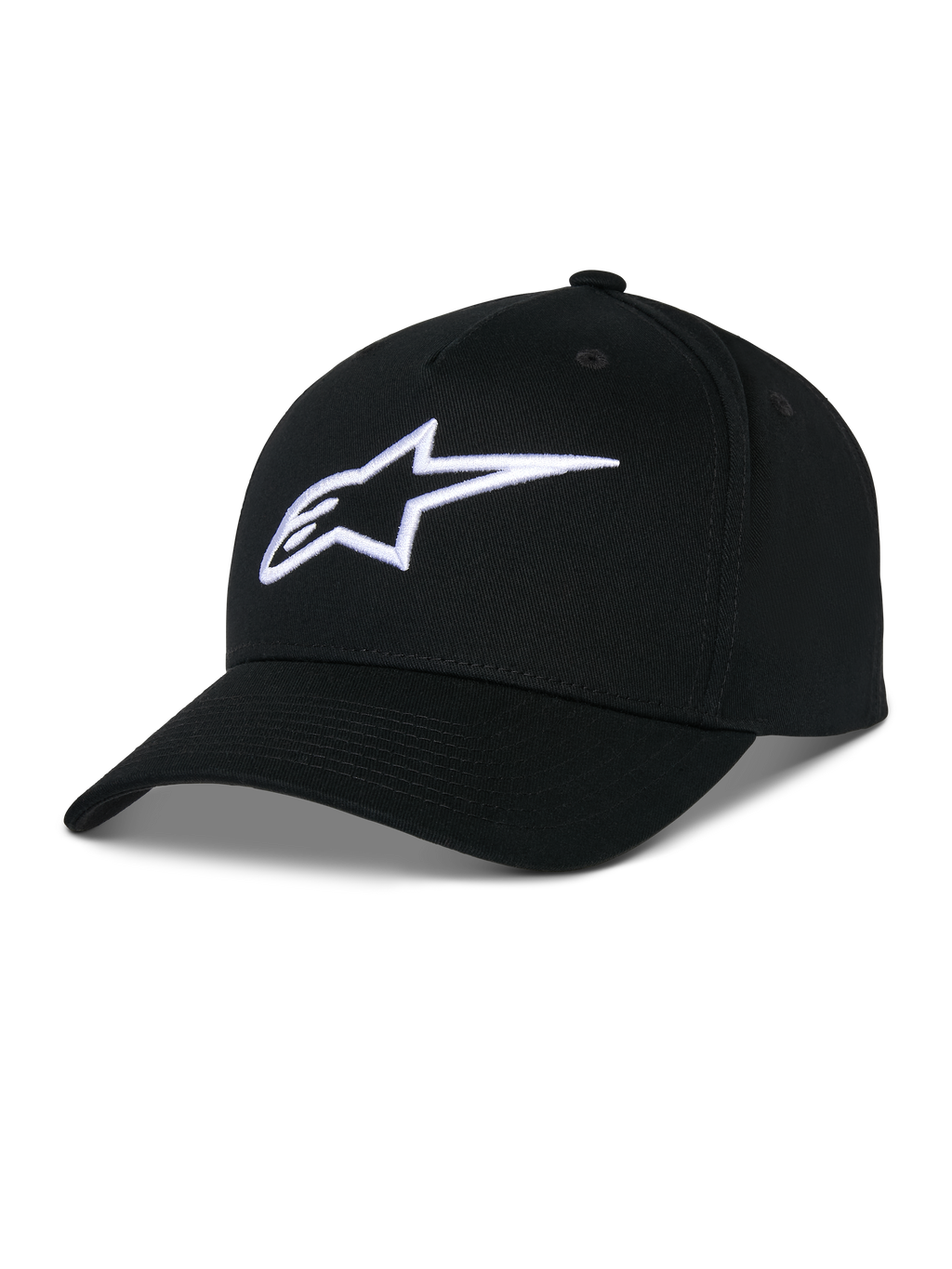 Alpinestars Ageless Snapback pet, zwarte katoenen keperstof pet, gestructureerde kroon met gebogen klep, wit 3D-geborduurd sterlogo, casual motorsport-geïnspireerde sportkleding