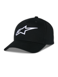 Alpinestars Ageless Snapback pet, zwarte katoenen keperstof pet, gestructureerde kroon met gebogen klep, wit 3D-geborduurd sterlogo, casual motorsport-geïnspireerde sportkleding