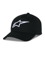 Alpinestars Ageless Snapback pet, zwarte katoenen keperstof pet, gestructureerde kroon met gebogen klep, wit 3D-geborduurd sterlogo, casual motorsport-geïnspireerde sportkleding