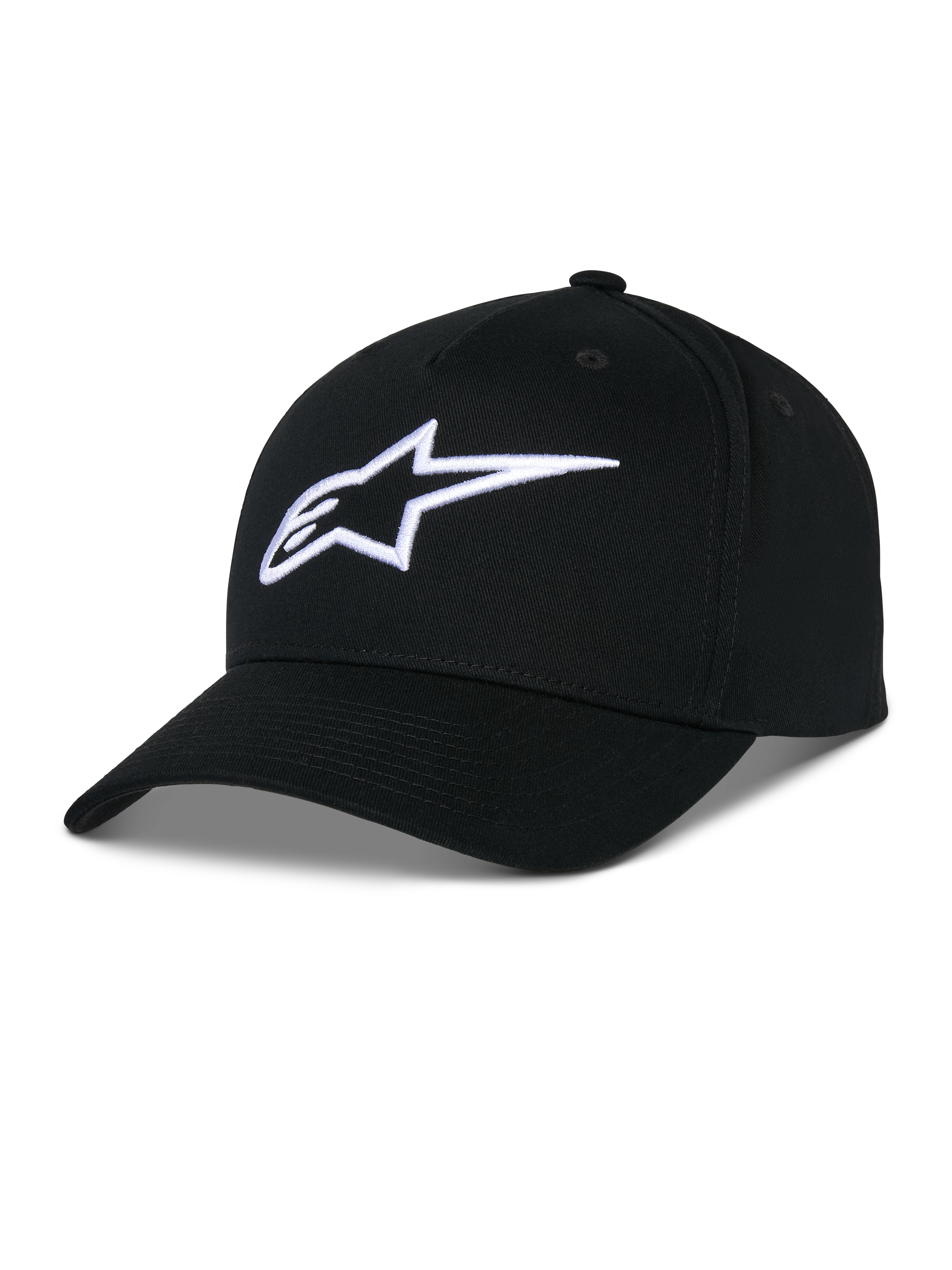 Casquette Snapback Alpinestars Ageless, casquette en sergé de coton noir, couronne structurée avec visière courbée, logo étoile blanc brodé en 3D, style sportswear décontracté inspiré du sport automobile