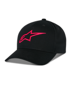 Alpinestars Ageless Snapback Kappe, Schwarz mit rotem 3D-gesticktem A-Star-Logo, strukturierte Krone mit gebogenem Schirm, Baumwoll-Twill-Gewebe, lässiges Sportbekleidungs-Accessoire