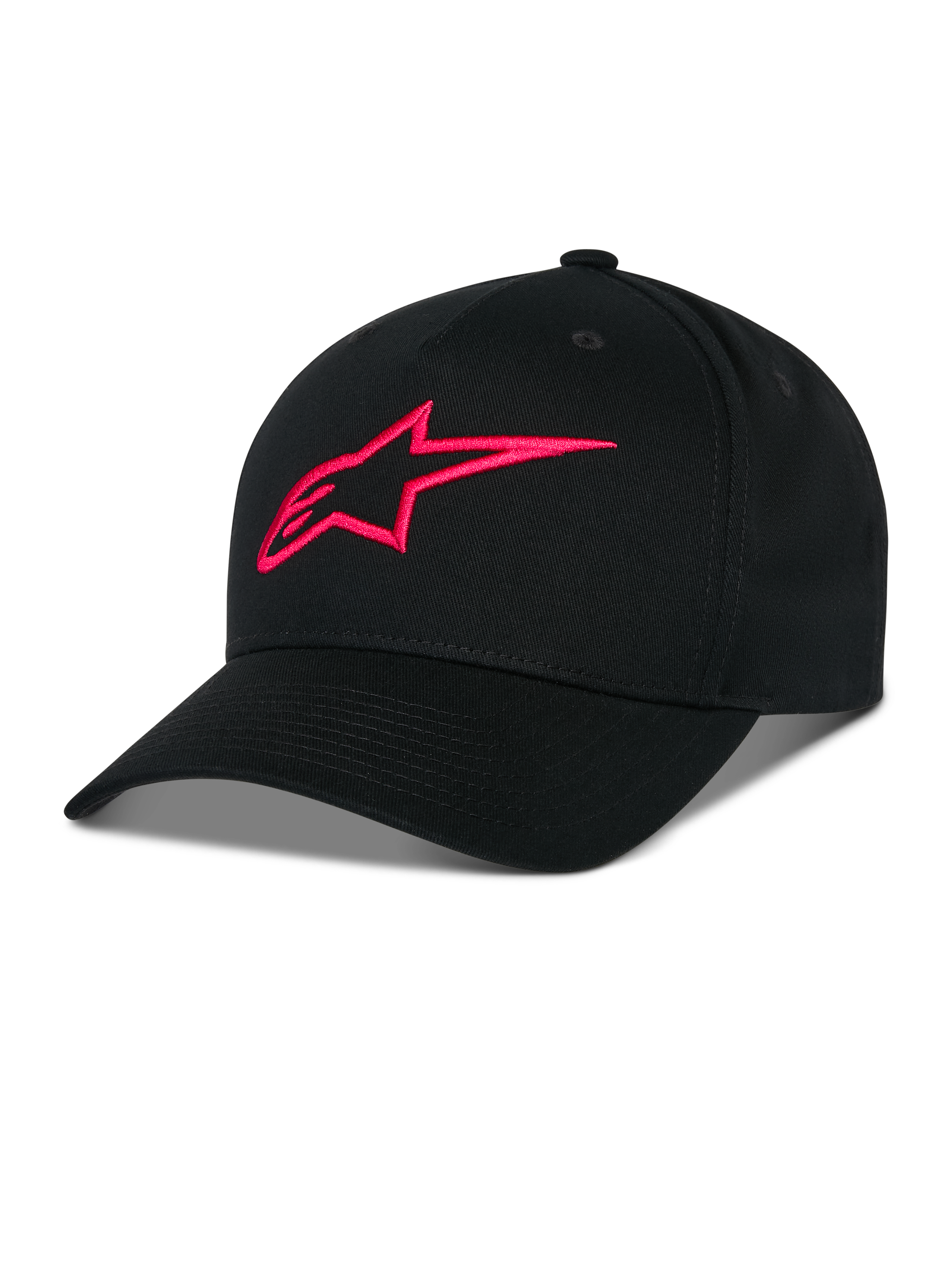 Alpinestars Ageless Snapback Kappe, Schwarz mit rotem 3D-gesticktem A-Star-Logo, strukturierte Krone mit gebogenem Schirm, Baumwoll-Twill-Gewebe, lässiges Sportbekleidungs-Accessoire