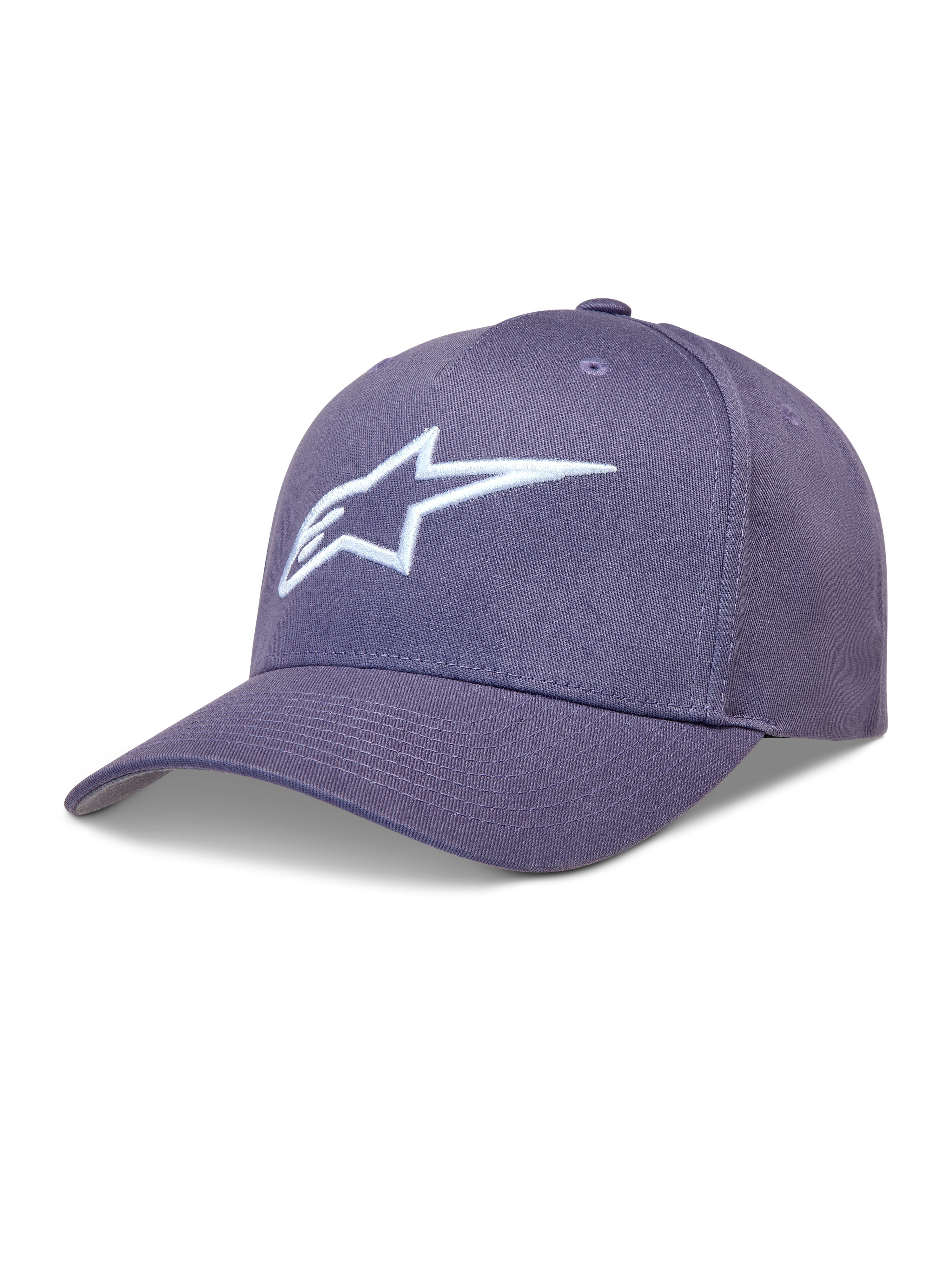 Alpinestars Ageless Snapback hoed in paars met wit 3D geborduurd Astars-logo, gebogen klep en gestructureerde kroon.