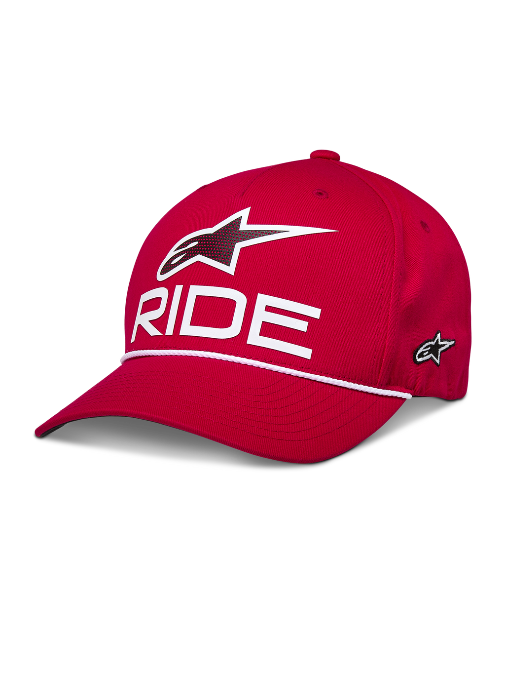 Alpinestars Ride Comp Snapback pet, rood, met wit 3D Astars-logo en RIDE-tekst, gebogen klep met witte gevlochten koordafwerking, gestructureerde kroon, casual sportkleding