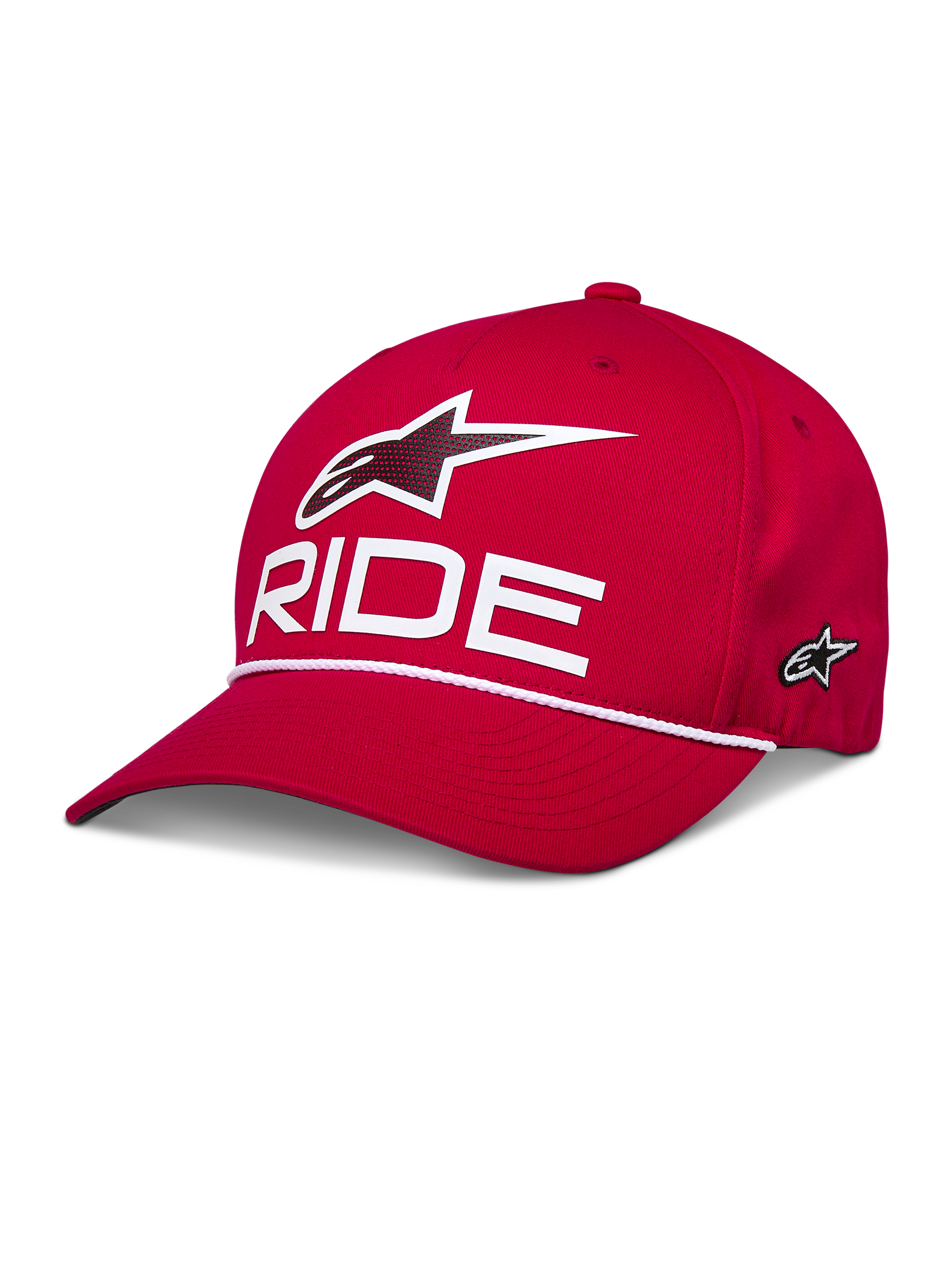 Alpinestars Ride Comp Snapback Hat, Rot, mit weißem 3D-Astars-Logo und „RIDE“-Schriftzug, gebogener Schirm mit weißem geflochtenem Kordelbesatz, strukturierte Krone, lässige Sportbekleidung