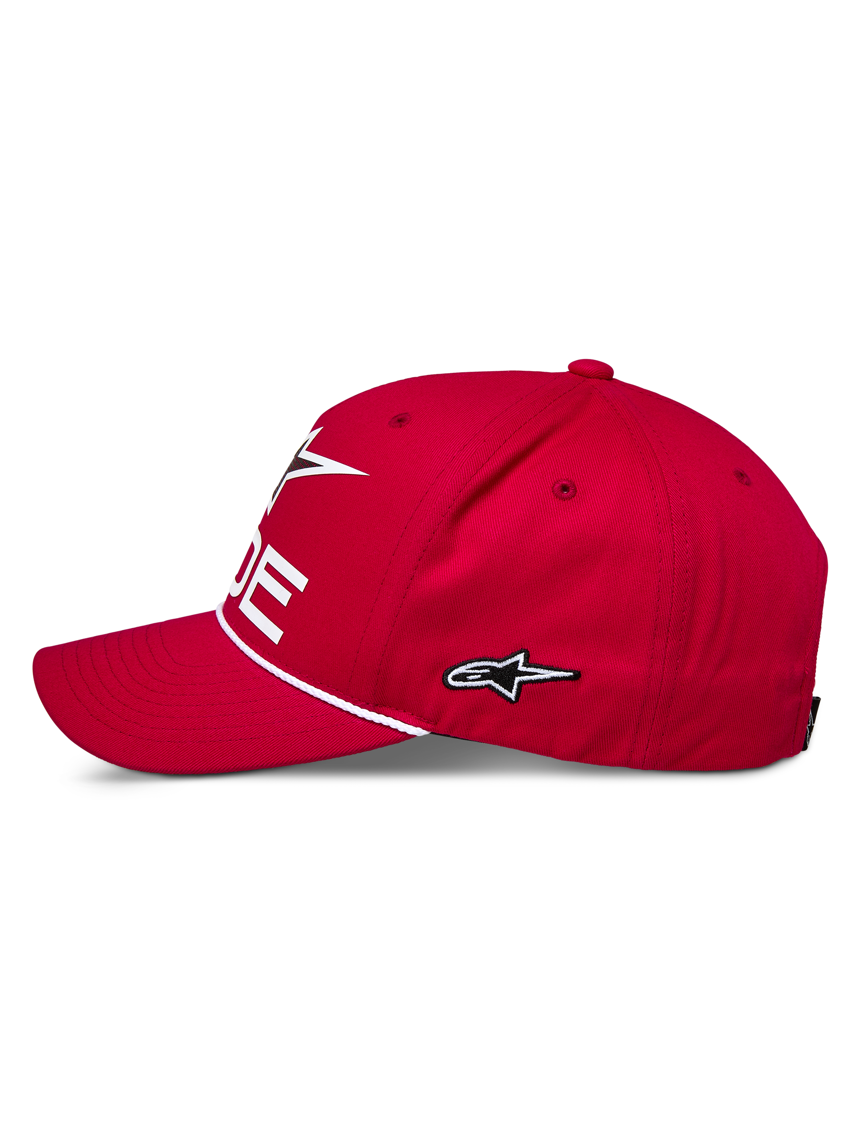 Alpinestars Ride Comp Snapback pet, rood, zijprofiel, wit geborduurd ster-logo, gevlochten koordafwerking, gebogen klep, casual motorsportkleding