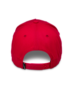 Alpinestars Ride Comp Snapback pet, rood, achteraanzicht met een verstelbare rode snapback-sluiting en een klein zwart geweven label met wit logo, gestructureerde kroon, casual hoofddeksel
