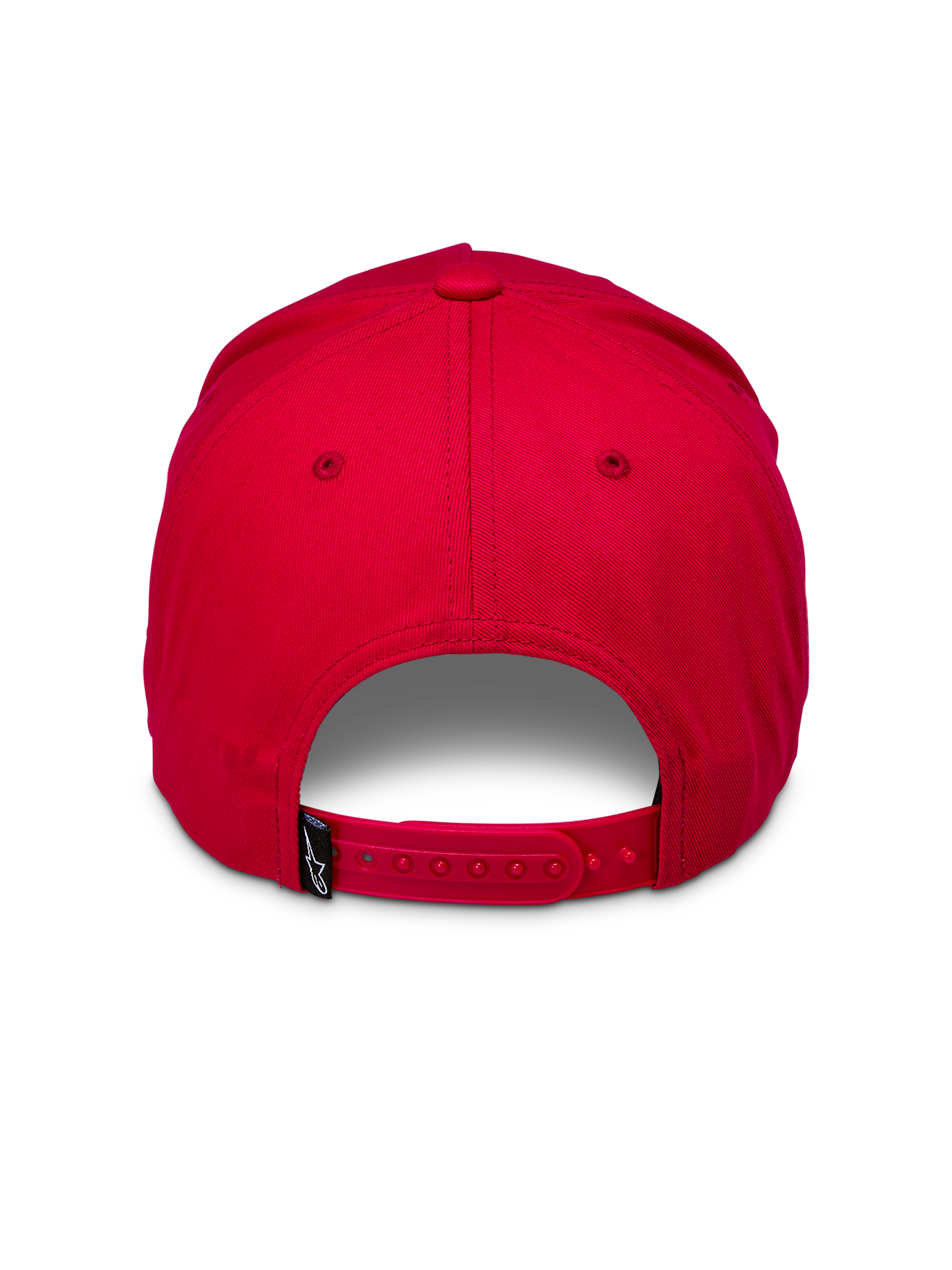 Alpinestars Ride Comp Snapback pet, rood, achteraanzicht met een verstelbare rode snapback-sluiting en een klein zwart geweven label met wit logo, gestructureerde kroon, casual hoofddeksel