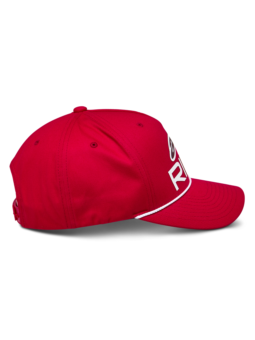 Alpinestars Ride Comp Snapback pet, rood, zijaanzicht, gebogen klep met witte gevlochten koordafwerking, gestructureerde kroon met wit Astars Ride-logo, casual motorsport hoofdbedekking