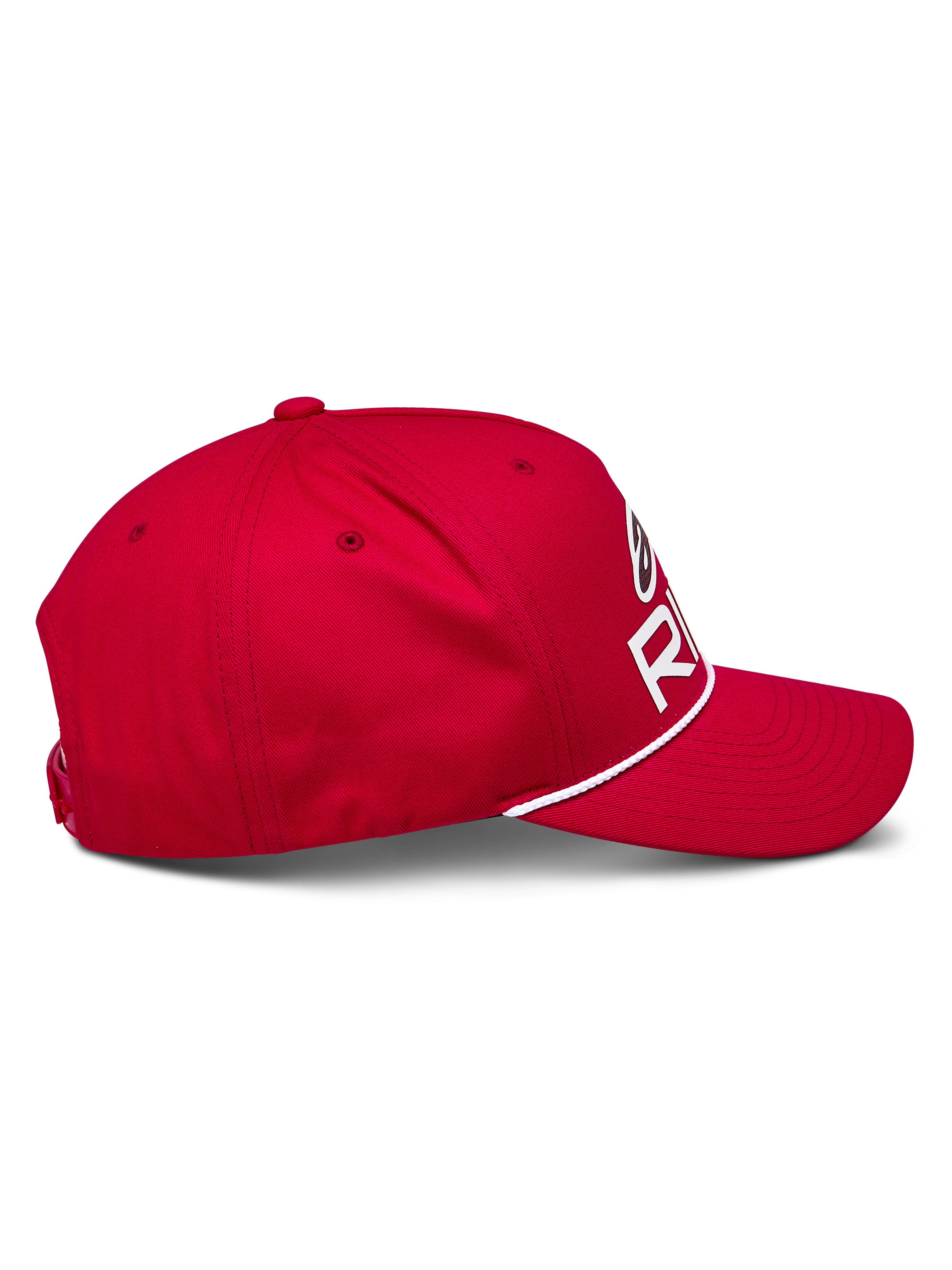 Alpinestars Ride Comp Snapback pet, rood, zijaanzicht, gebogen klep met witte gevlochten koordafwerking, gestructureerde kroon met wit Astars Ride-logo, casual motorsport hoofdbedekking