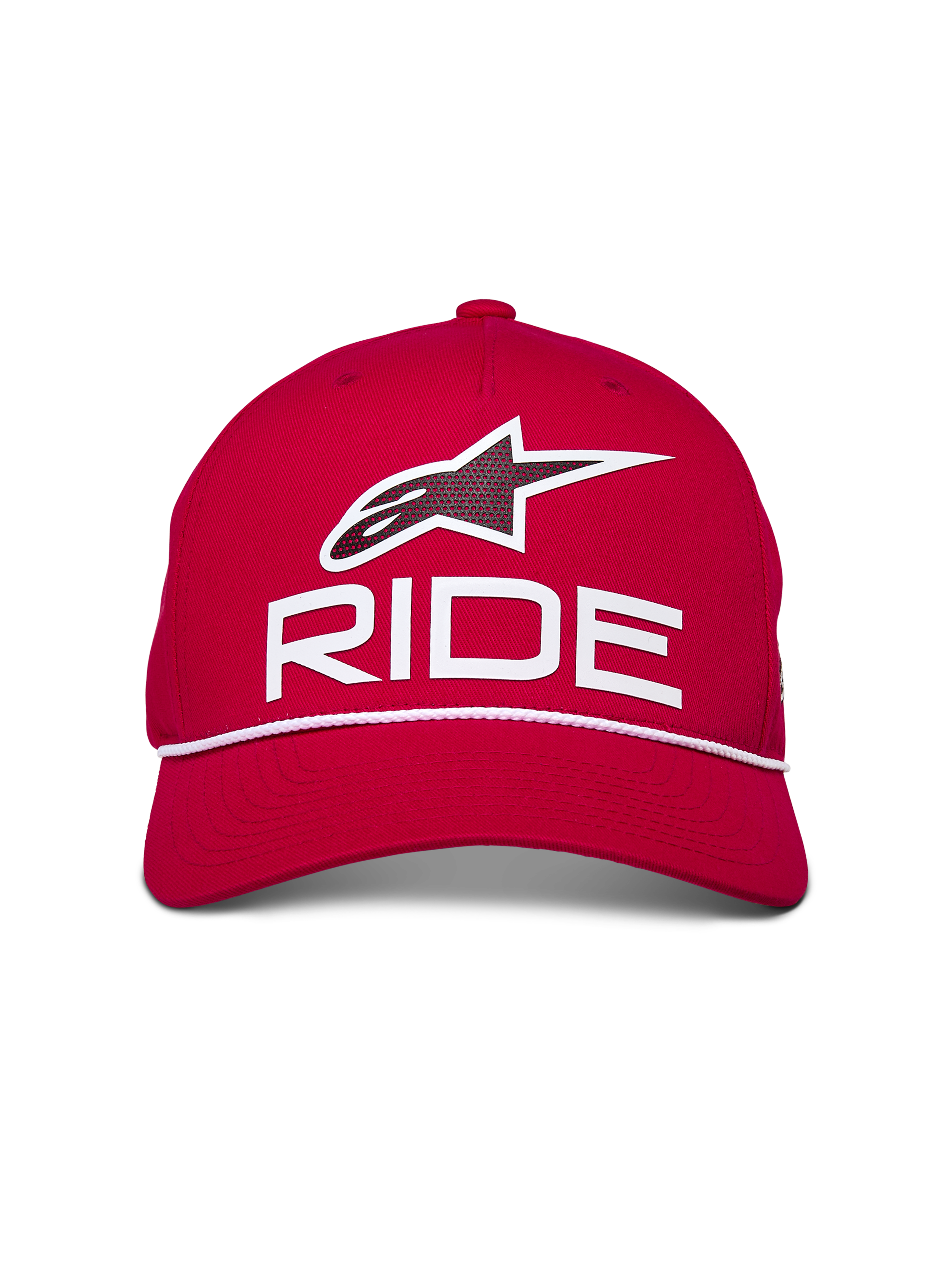 Alpinestars Ride Comp snapback pet, rood met wit en zwart, met 3D Astars Ride-logo en wit gevlochten koordafwerking, gestructureerde kroon met gebogen klep, casual motorsport-geïnspireerde hoofdbedekking
