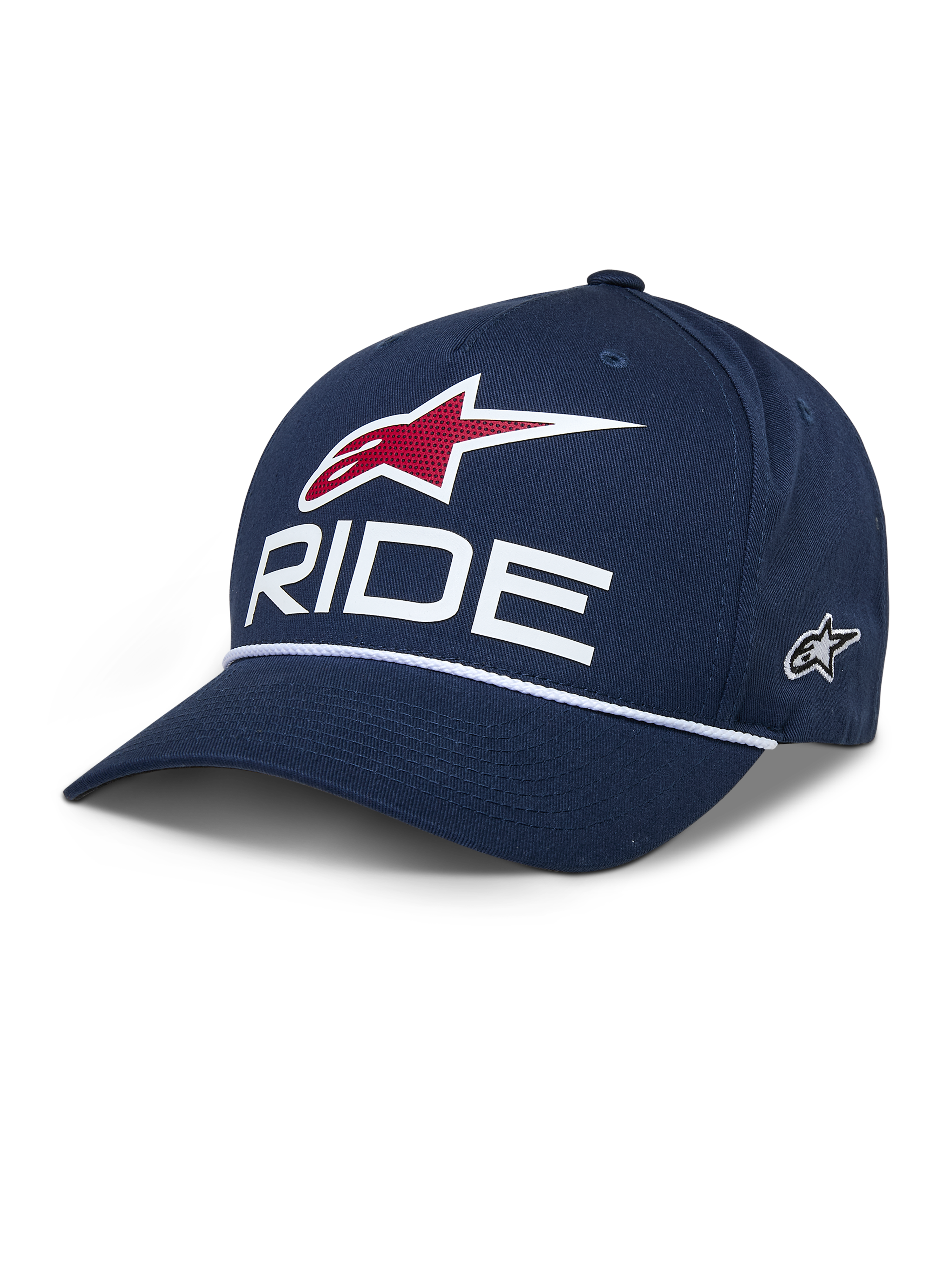 Alpinestars Ride Comp Snapback Hat, dunkelblaue Baseball-Kappe, weißes RIDE- und rotes Stern-Logo, gebogener Schirm mit weißer geflochtener Kordel, lässige Motorsport-Kopfbedeckung