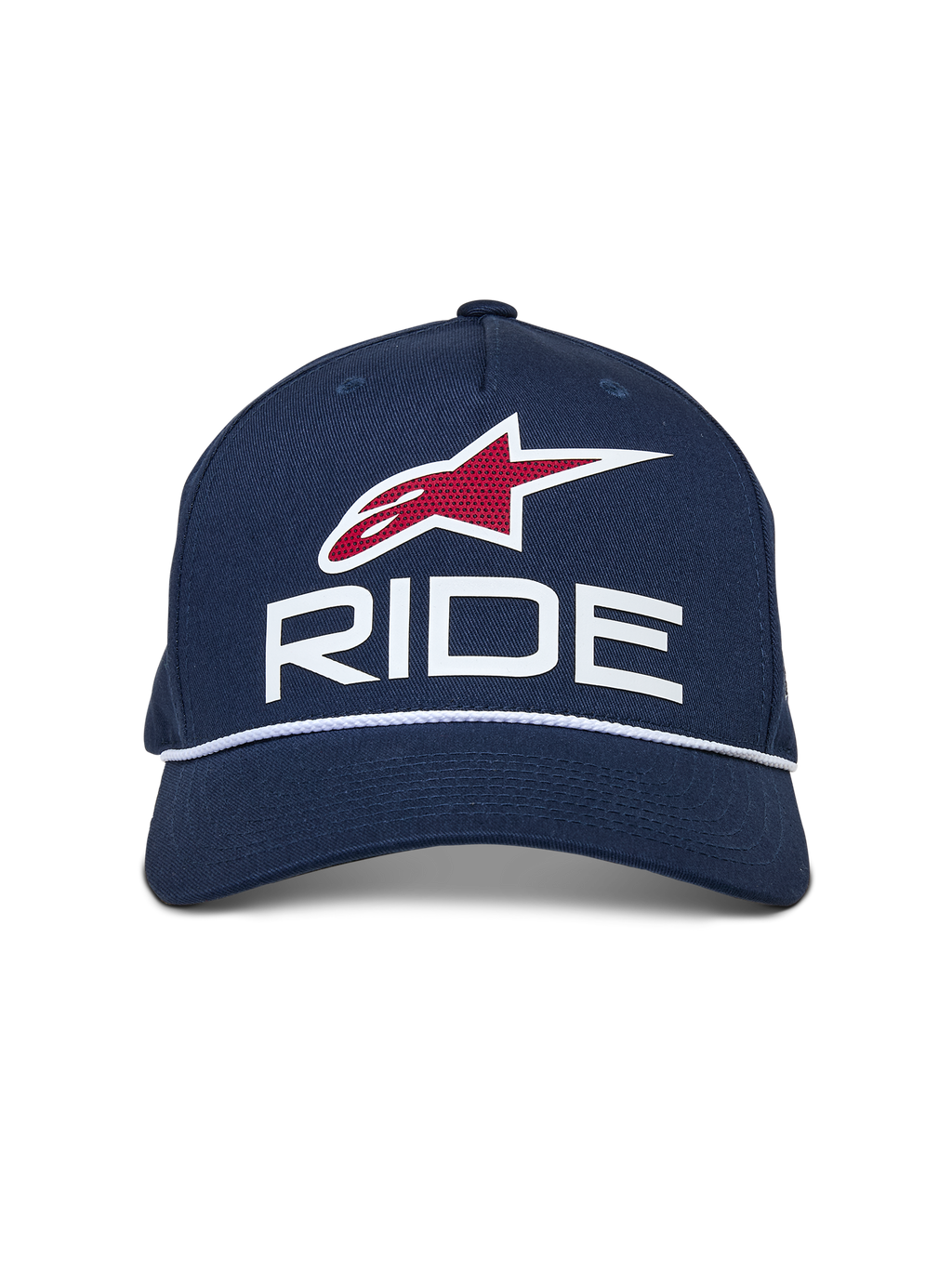 Alpinestars Ride Comp Snapback Hat, Navy Blue with White and Red accents, featuring a 3D RIDE logo, red star emblem, and white braided rope trim, curved bill, casual motorsport headwear