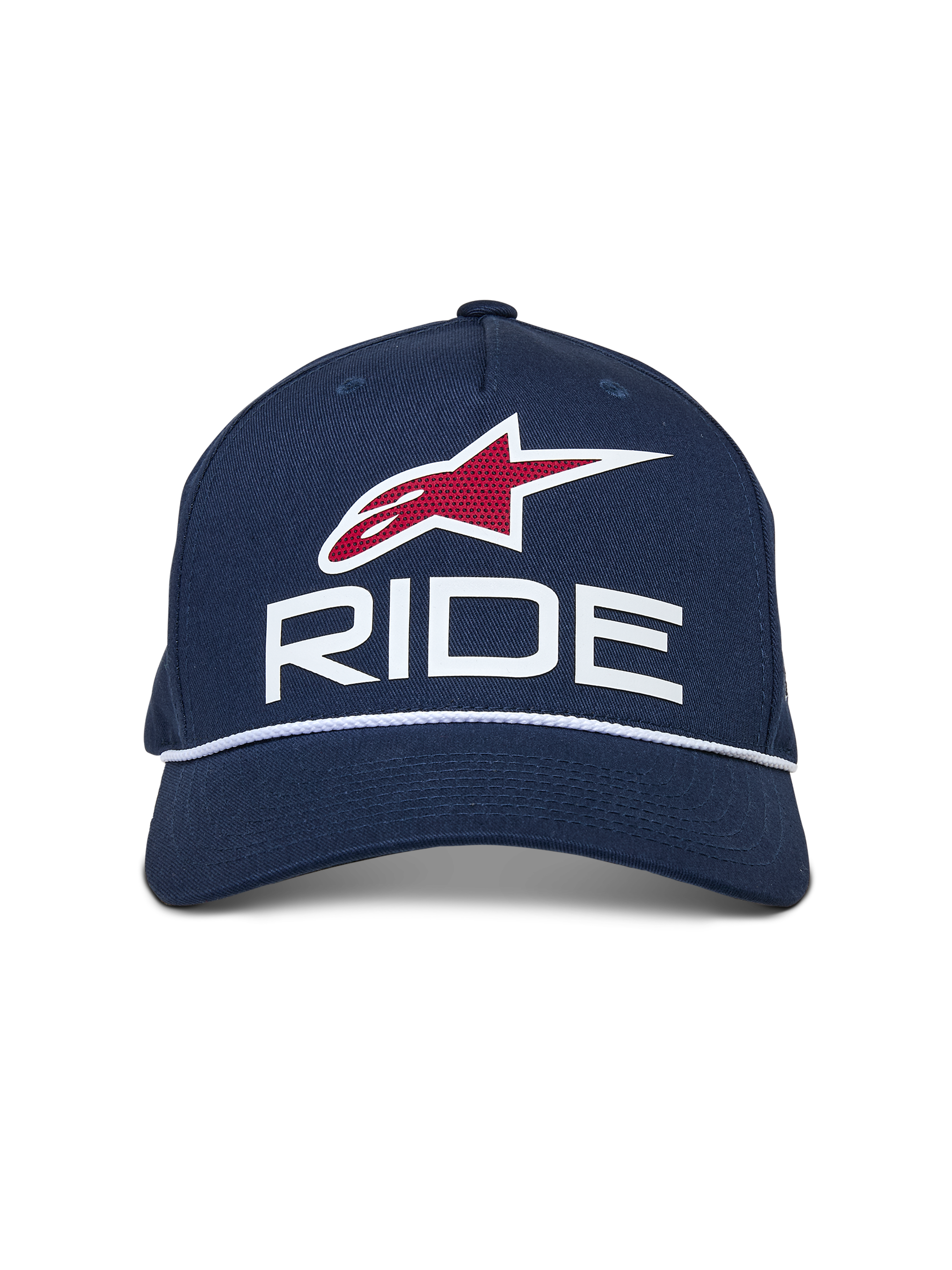 Alpinestars Ride Comp Snapback Hat, Navy Blue with White and Red accents, featuring a 3D RIDE logo, red star emblem, and white braided rope trim, curved bill, casual motorsport headwear