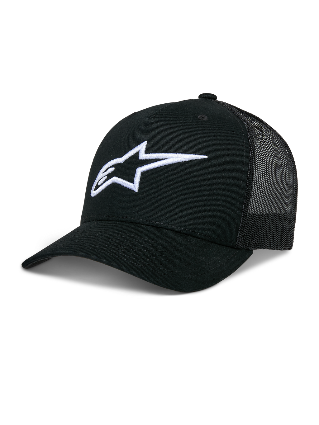 Alpinestars Ageless Trucker Hat, casquette de baseball noire avec dos en mesh, logo Astars blanc brodé en 3D, couronne structurée et visière incurvée, accessoire lifestyle décontracté