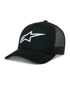 Alpinestars Ageless Trucker Hat, casquette de baseball noire avec dos en mesh, logo Astars blanc brodé en 3D, couronne structurée et visière incurvée, accessoire lifestyle décontracté