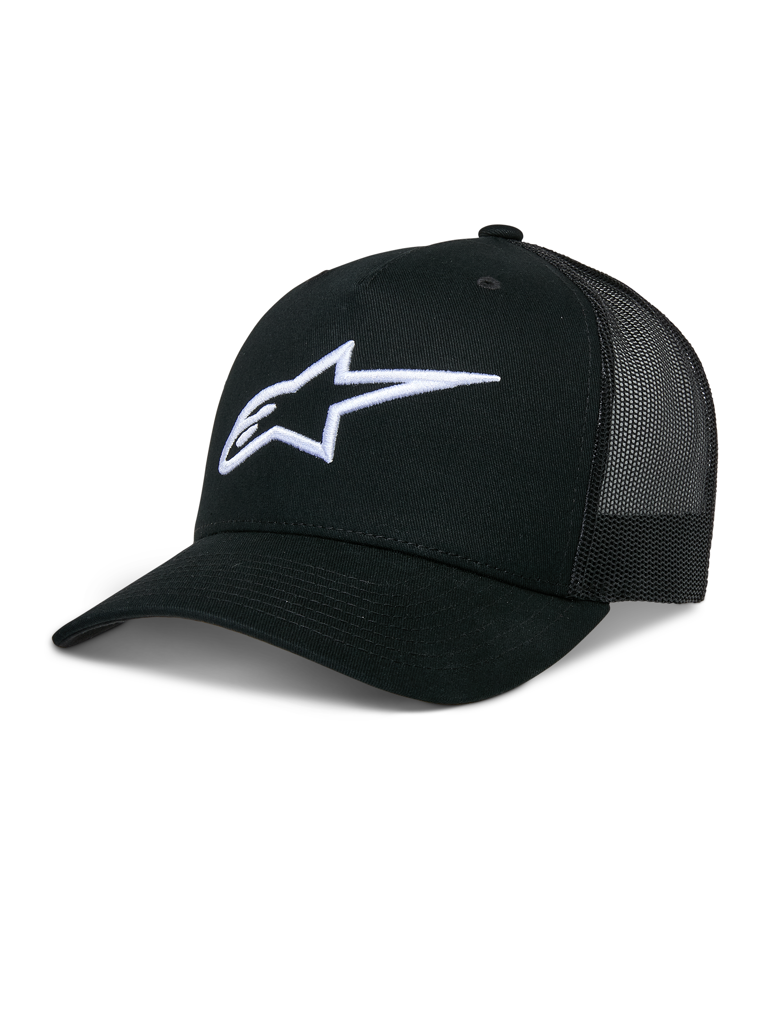 Alpinestars Ageless Trucker Hat, zwarte baseballcap met mesh achterkant, wit 3D-geborduurd Astars-logo, gestructureerde kroon en gebogen klep, casual lifestyle hoofdbedekking