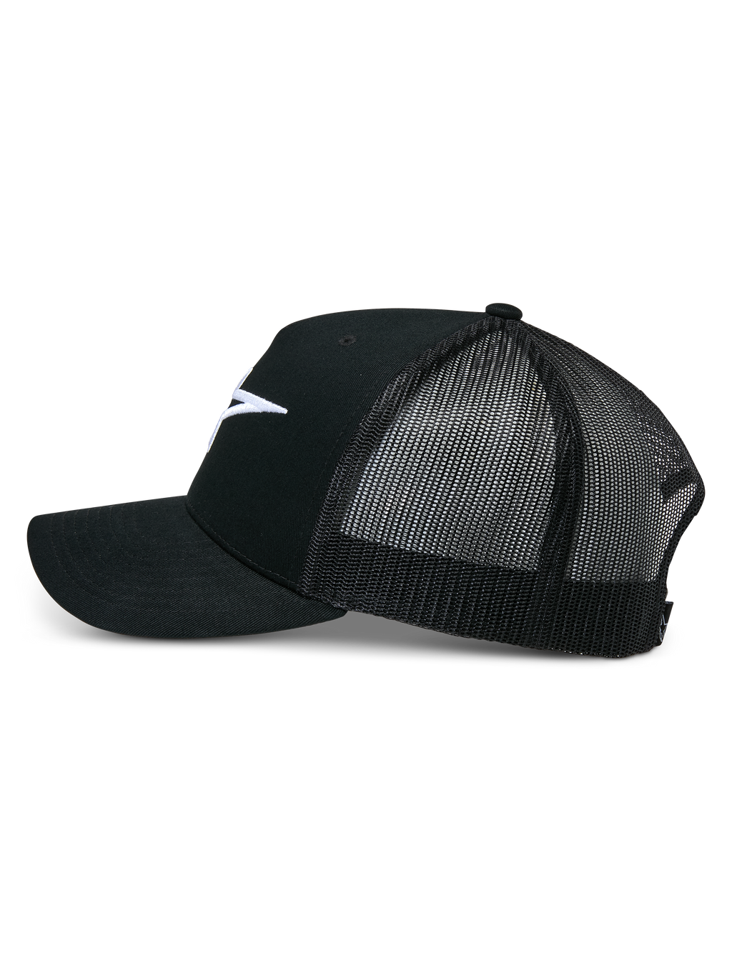 Casquette Trucker Ageless d'Alpinestars, noire, vue de profil, avant en sergé de coton structuré avec logo Astars blanc brodé, arrière en maille noire respirante, visière incurvée, couvre-chef décontracté inspiré du sport automobile