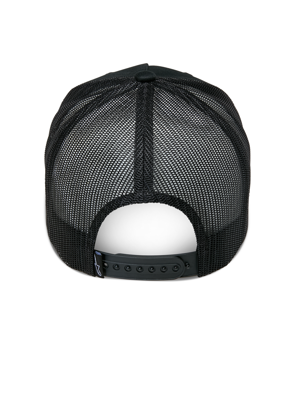 Casquette Trucker Alpinestars Ageless, noire, vue arrière, avec panneaux arrière en maille noire, fermeture snapback réglable et petite étiquette logo Astars à l'arrière, couvre-chef décontracté inspiré du sport automobile
