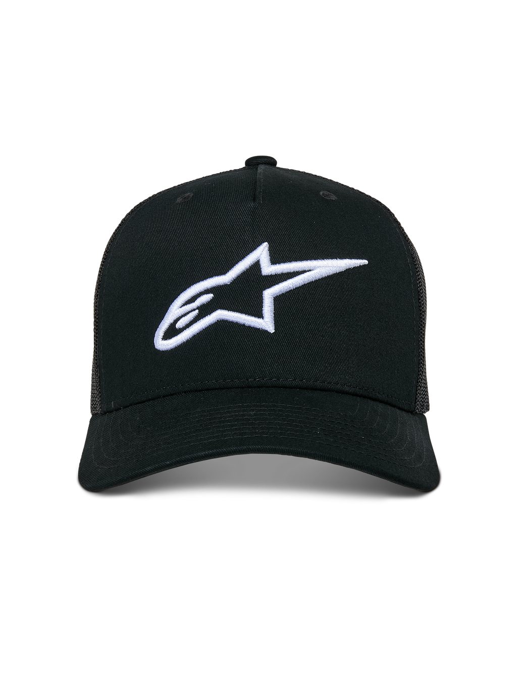 Casquette Trucker Alpinestars Ageless, casquette décontractée de type trucker, noire avec logo Astars blanc brodé en 3D, dotée d'une visière incurvée et de panneaux arrière en maille, streetwear inspiré des sports mécaniques