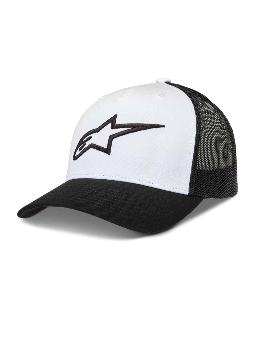 Alpinestars Ageless Snapback Hoed, wit en zwarte truckerpet met gestructureerde kroon, mesh achterkant en een 3D Astars-logo op de voorzijde.