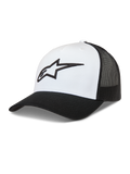 Alpinestars Ageless Snapback Hoed, wit en zwarte truckerpet met gestructureerde kroon, mesh achterkant en een 3D Astars-logo op de voorzijde.