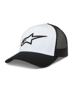 Alpinestars Ageless Snapback Hoed, wit en zwarte truckerpet met gestructureerde kroon, mesh achterkant en een 3D Astars-logo op de voorzijde.
