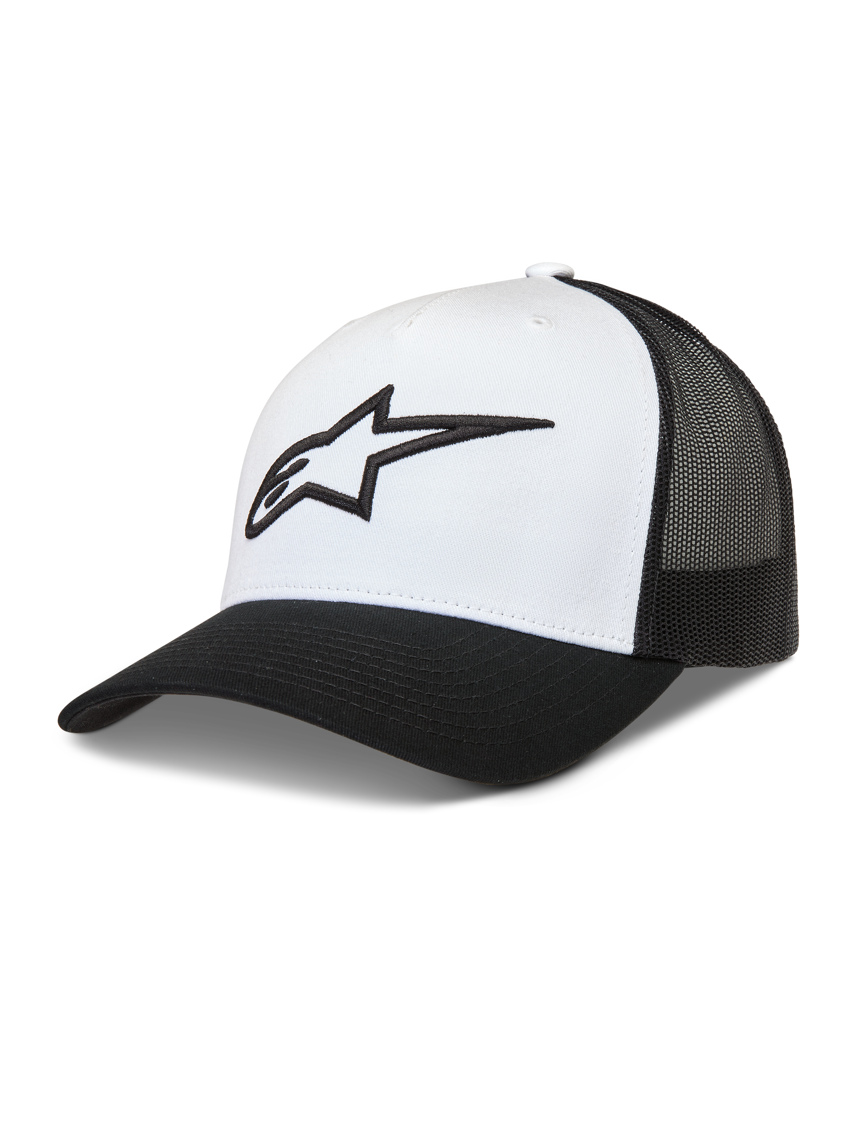Alpinestars Ageless Snapback Hoed, wit en zwarte truckerpet met gestructureerde kroon, mesh achterkant en een 3D Astars-logo op de voorzijde.