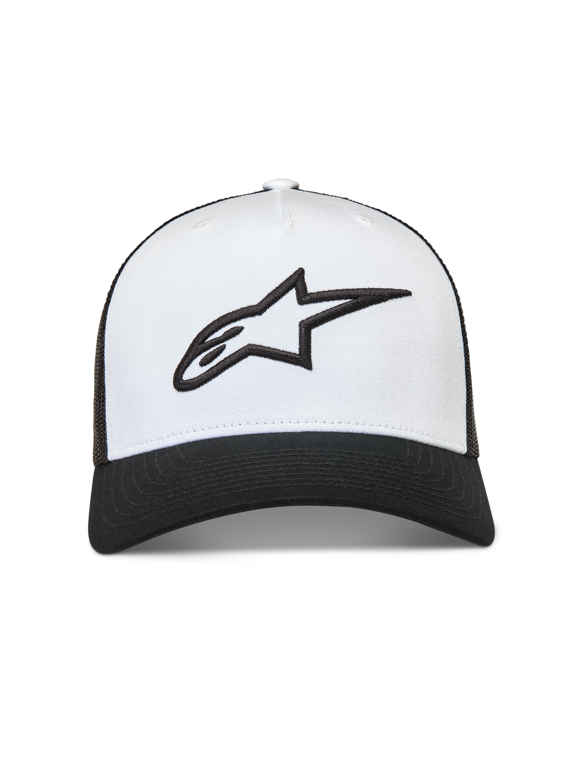Alpinestars Ageless snapback hoed, wit en zwart, 3D geborduurd Astars-logo, gebogen klep en mesh achterkant, sportswear.