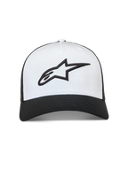 Alpinestars Ageless snapback hoed, wit en zwart, 3D geborduurd Astars-logo, gebogen klep en mesh achterkant, sportswear.