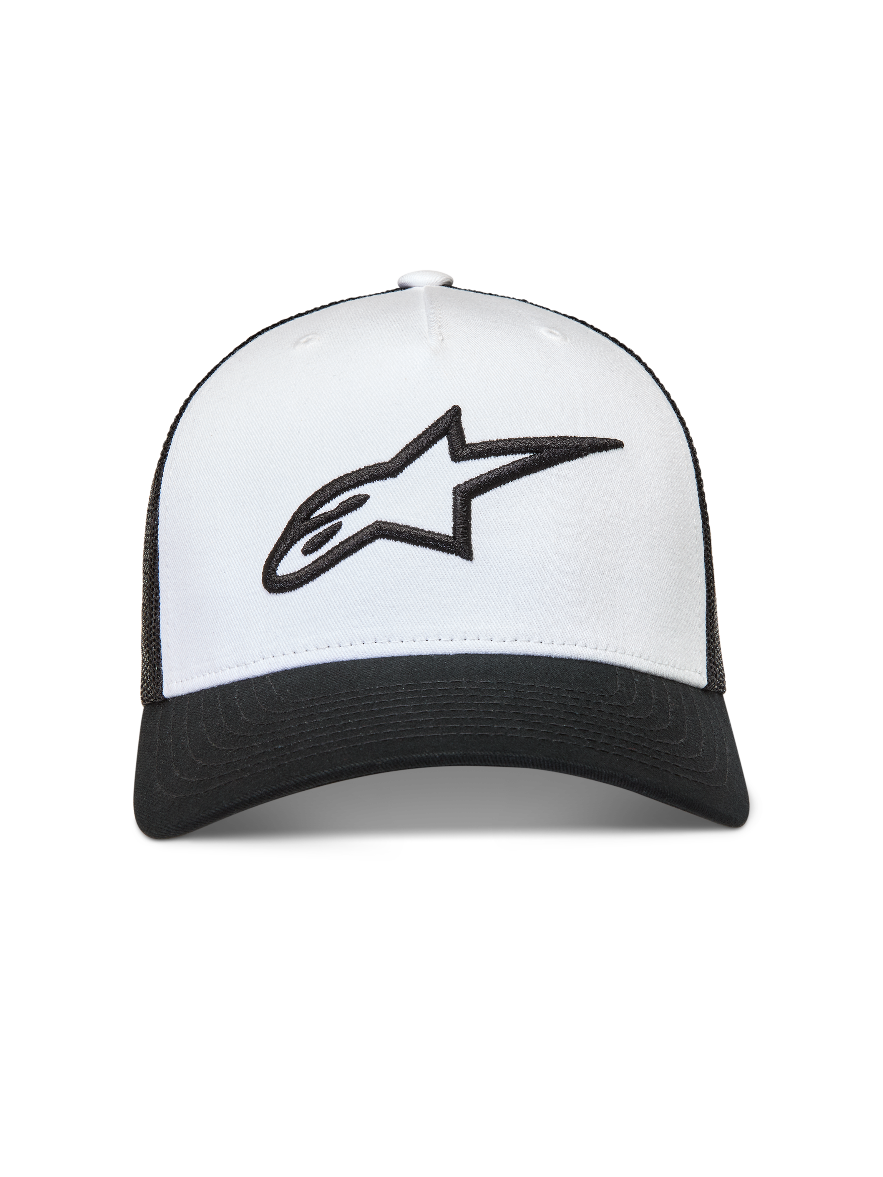 Alpinestars Ageless snapback hoed, wit en zwart, 3D geborduurd Astars-logo, gebogen klep en mesh achterkant, sportswear.