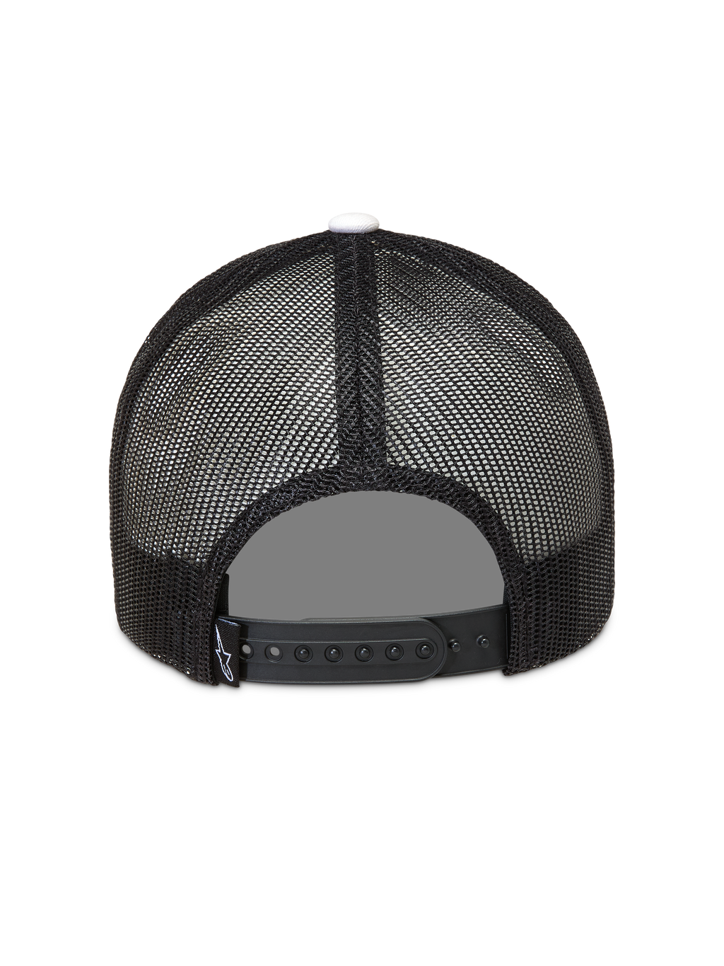 Alpinestars Ageless Snapback hoed, zwarte trucker pet met mesh achterkant, verstelbare snapback-sluiting en witte knop.