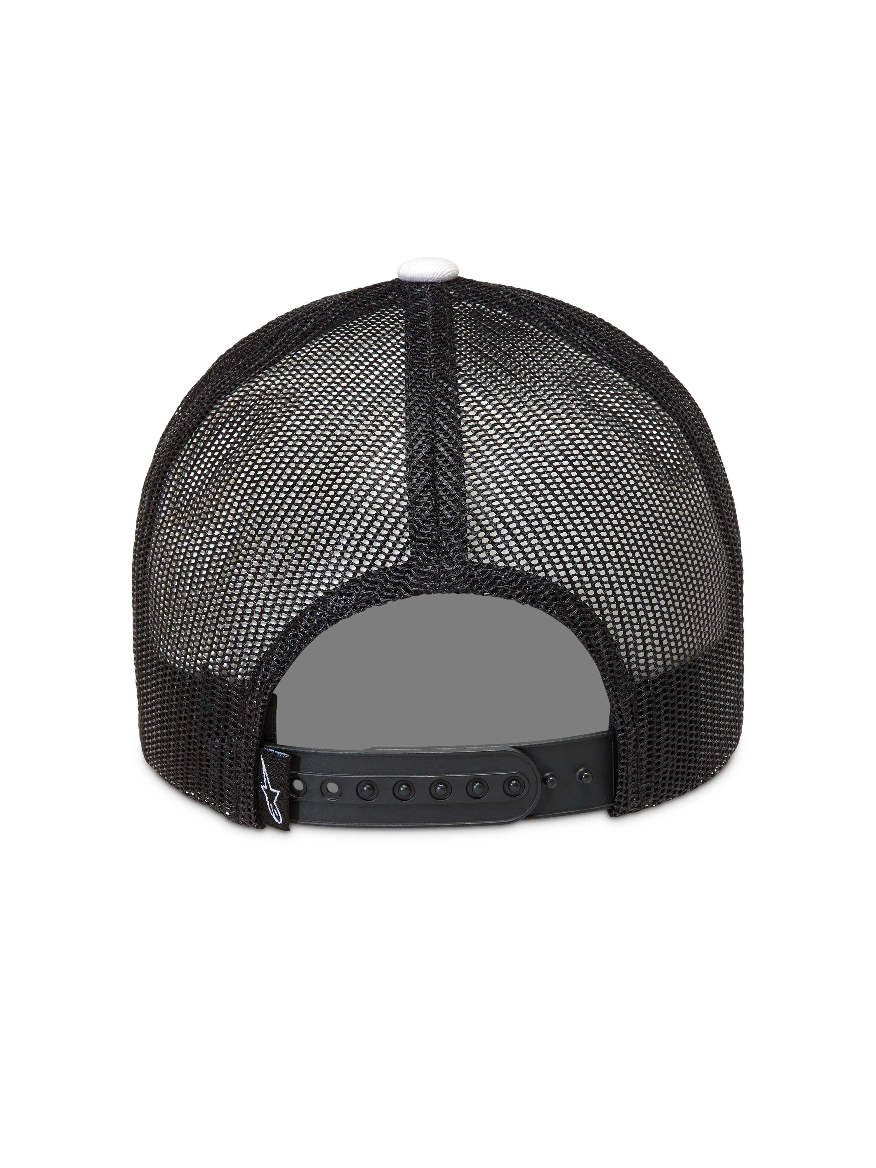 Alpinestars Ageless Snapback hoed, zwarte trucker pet met mesh achterkant, verstelbare snapback-sluiting en witte knop.