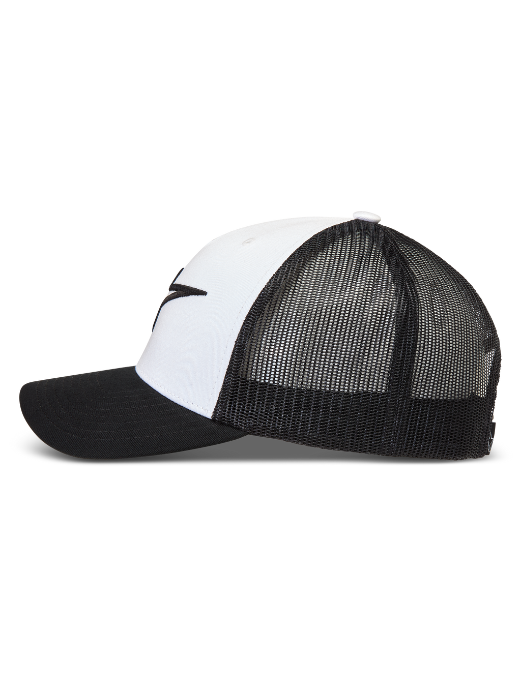 Alpinestars Ageless Snapback hoed, wit en zwarte trucker pet met ademend mesh aan de achterkant en een gebogen klep.