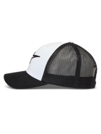 Alpinestars Ageless Snapback hoed, wit en zwarte trucker pet met ademend mesh aan de achterkant en een gebogen klep.