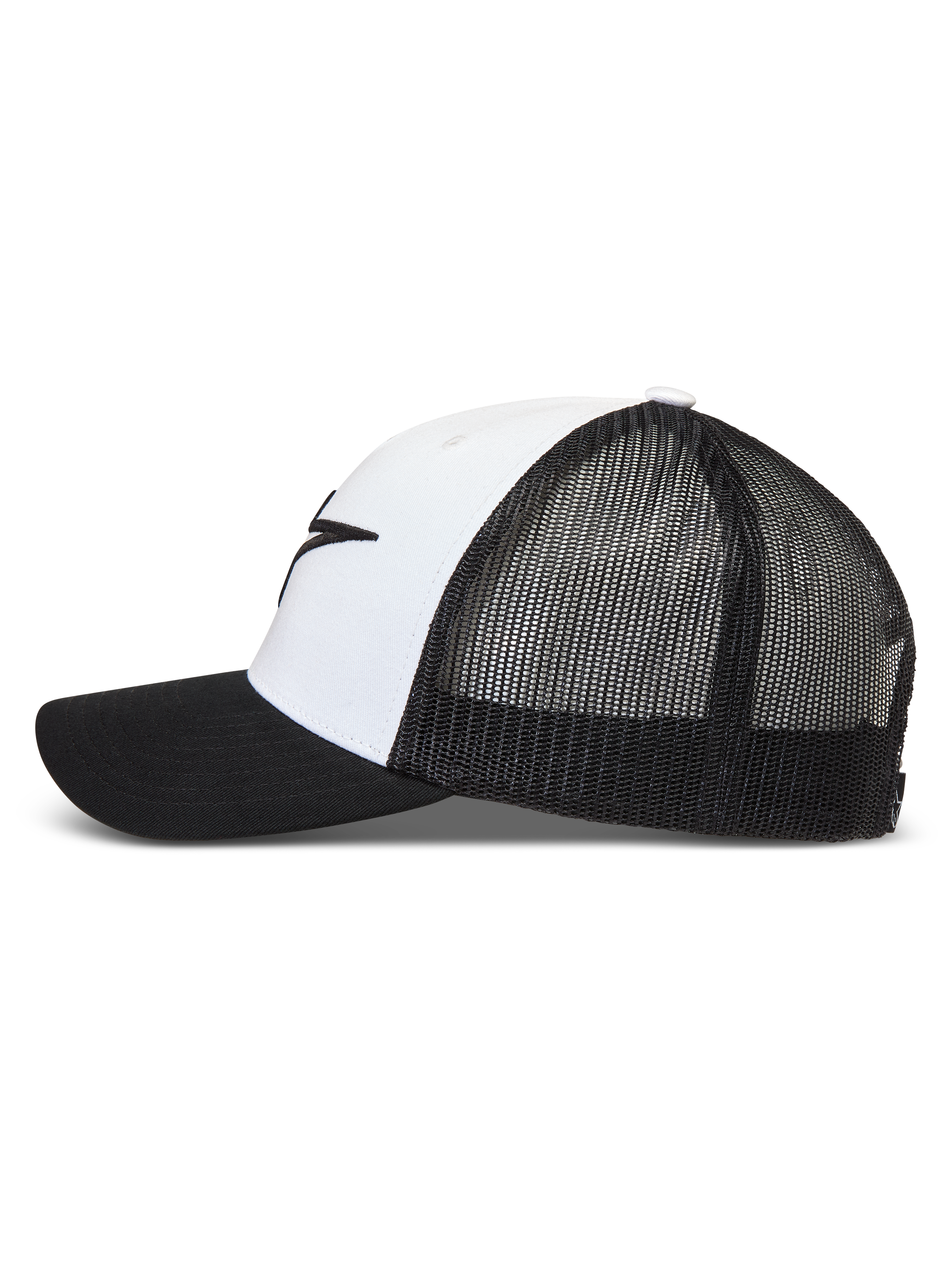 Alpinestars Ageless Snapback hoed, wit en zwarte trucker pet met ademend mesh aan de achterkant en een gebogen klep.