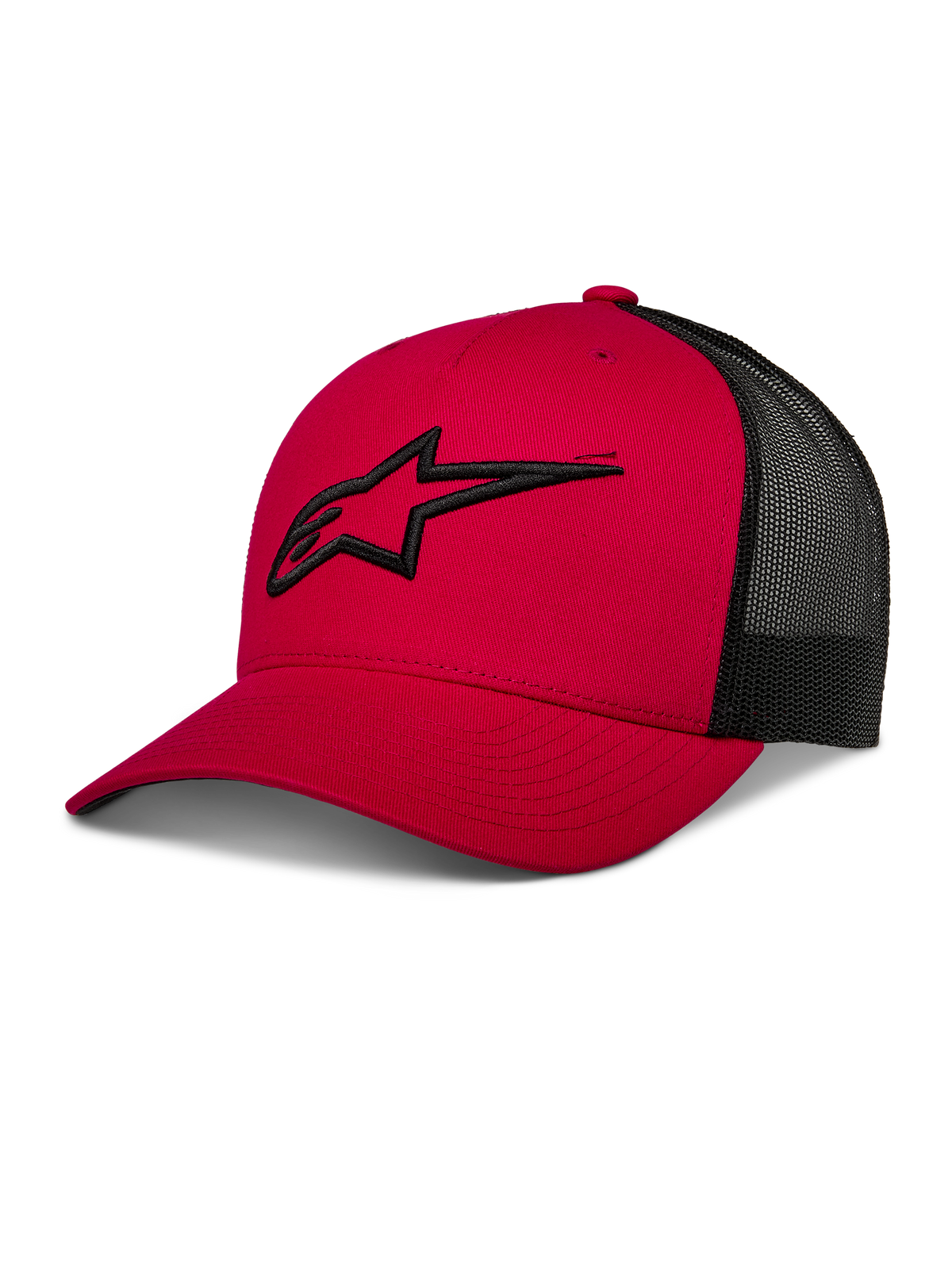 Alpinestars Ageless Trucker Hat, rouge et noir, casquette de baseball avec arrière en maille, visière courbée, logo Astars noir brodé en 3D, couronne structurée, style sportswear motorsport décontracté
