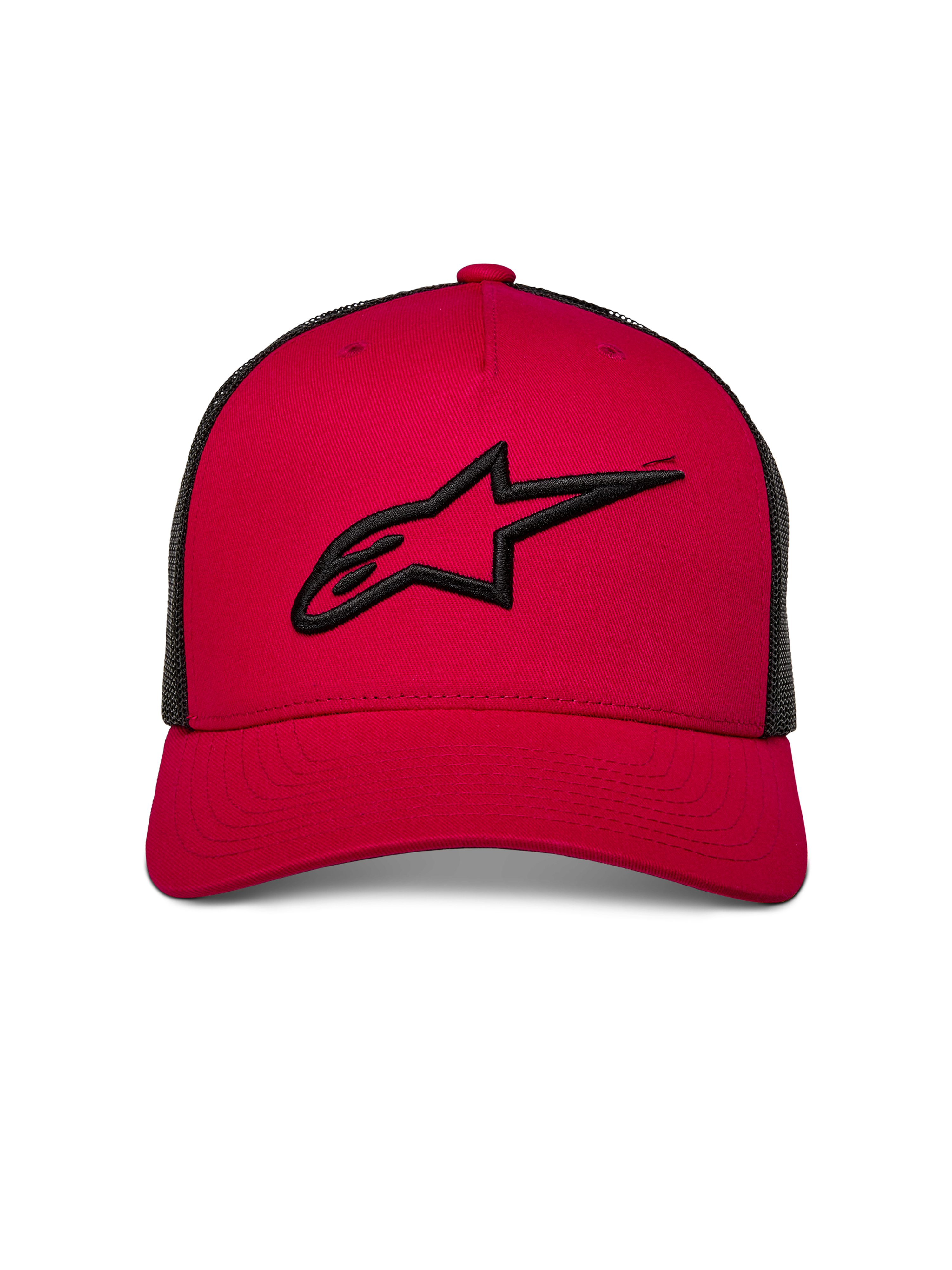 Alpinestars Ageless Trucker Hat, Red with Black Mesh Back, front 3D embroidered Astars logo in black, curved bill, casual motorsport-inspired headwear