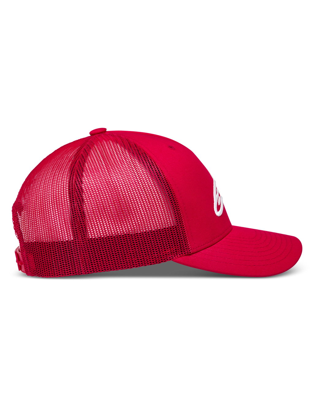 Alpinestars Ageless Snapback Hat in red, featuring a breathable mesh back, curved bill, and white logo.