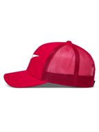 Alpinestars Ageless Trucker Hat, Red Sportswear cap with breathable mesh back, curved bill, and white logo embroidery.