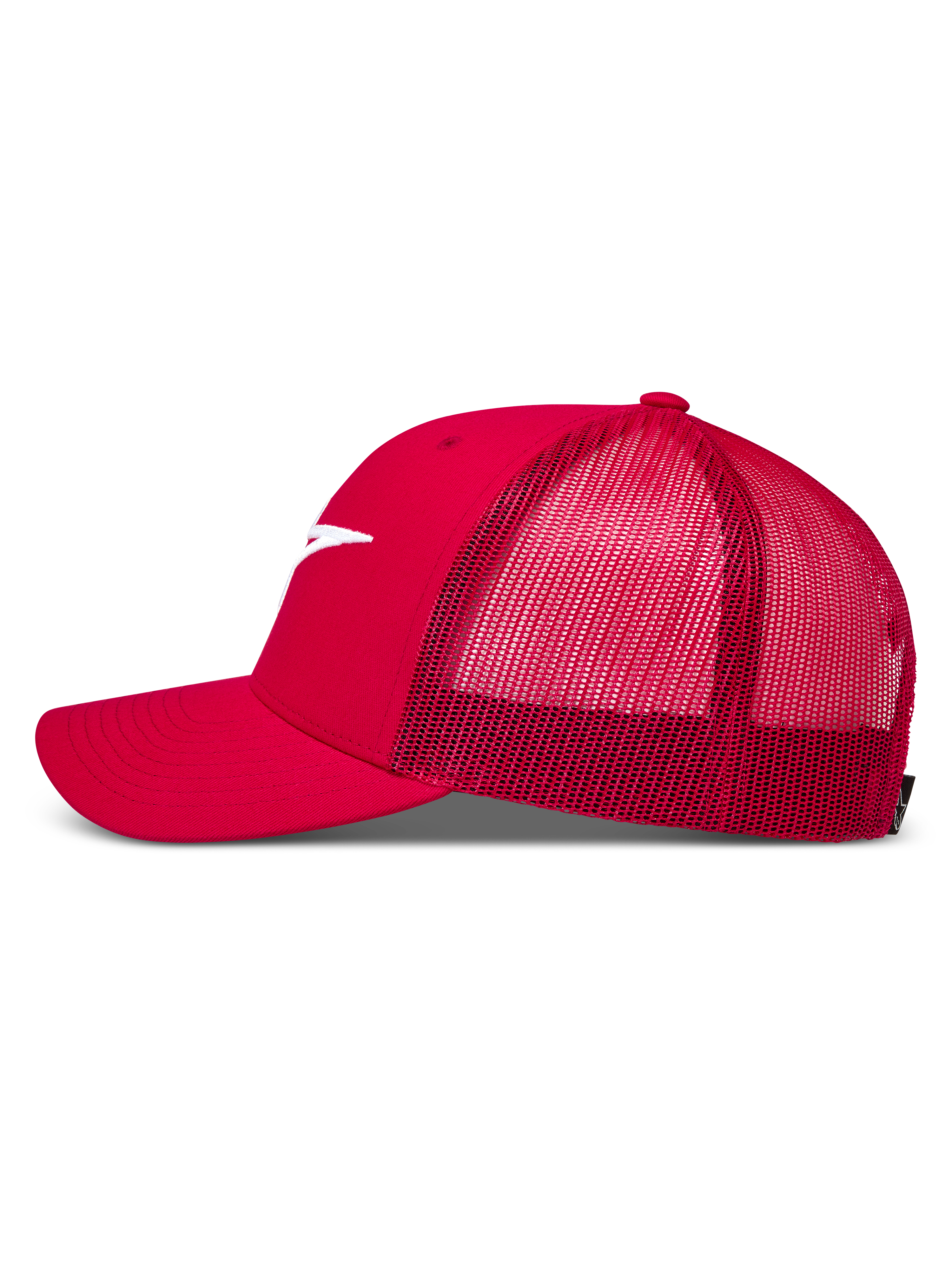 Alpinestars Ageless Trucker Hat, Red Sportswear cap with breathable mesh back, curved bill, and white logo embroidery.