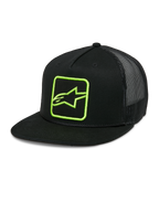 Alpinestars Control Trucker Hat, Black with Neon Green Logo, Mesh Back Snapback Cap, Flat Bill with Braided Rope Detail, Structured Front Panel with Embroidered Astars Logo, Casual Motorsport Style